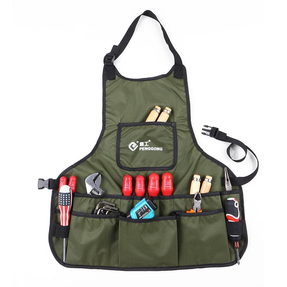 PENGGONG Waterproof Canvas Gardening Tool Apron Tools Bag with Pockets Adjustable Size Fits Men and dark green