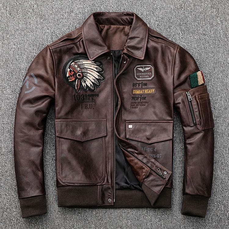 Leather Men's Horse Leather Oil Wax Vintage To Make Old Red Brown Flight Suit Leather Jacket 2XL