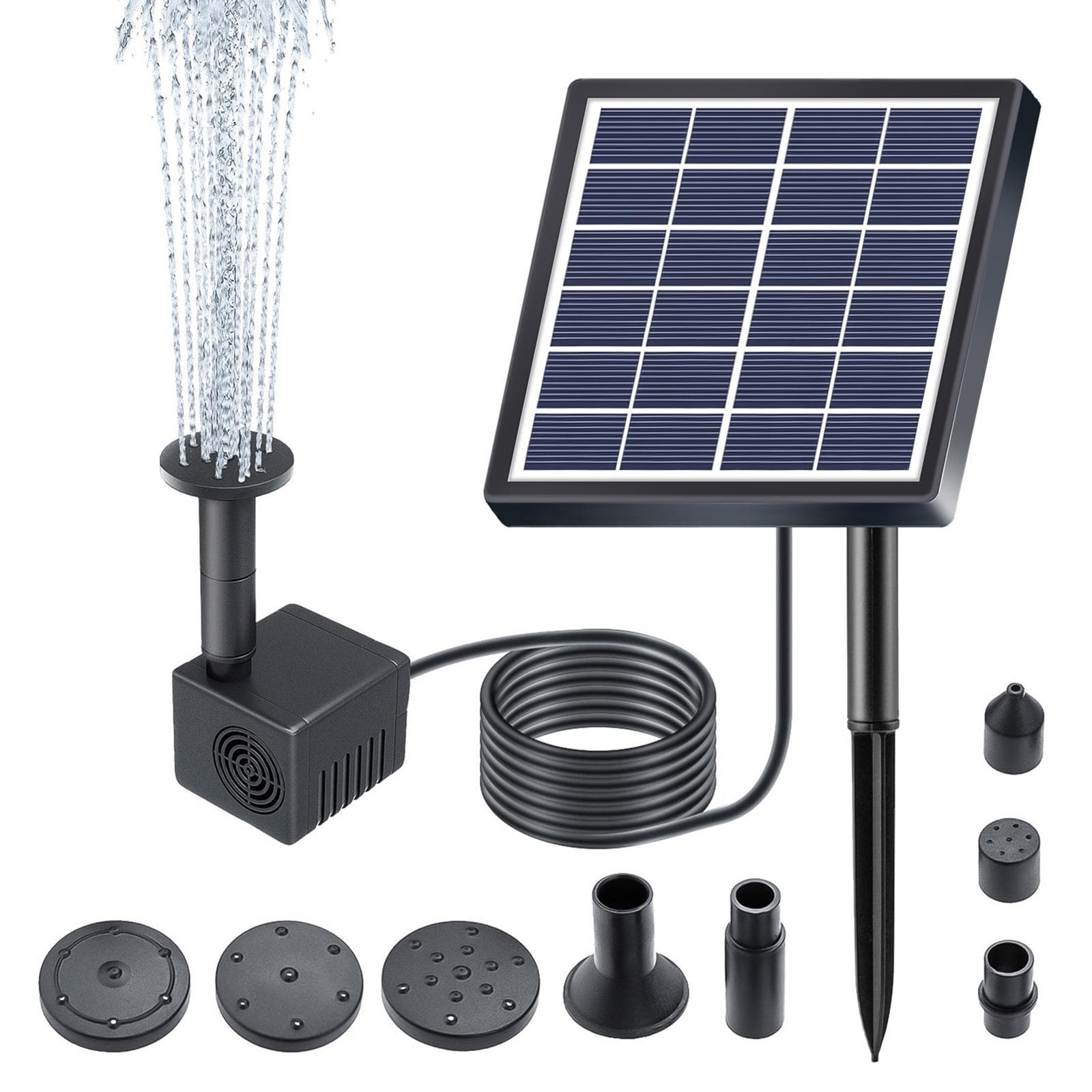 1.5W Solar Water Fountain Pump 160L/h Flow Rate Submersible Water Pump with 8 Nozzles 9.84ft Water black