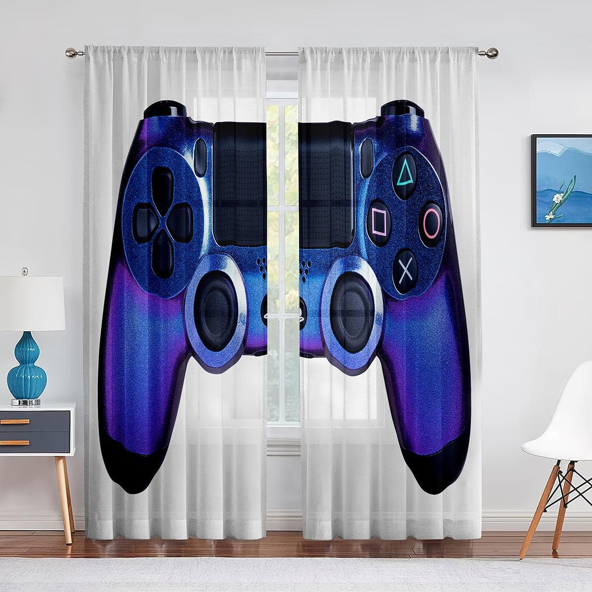 Gamepad Gamer Sheer Voile Curtains Video Games Controller Cool Window Tulle Curtains for Living Room Boys Girls Bedroom Decor 1 PCS W150XH250cm&Rod Pocket