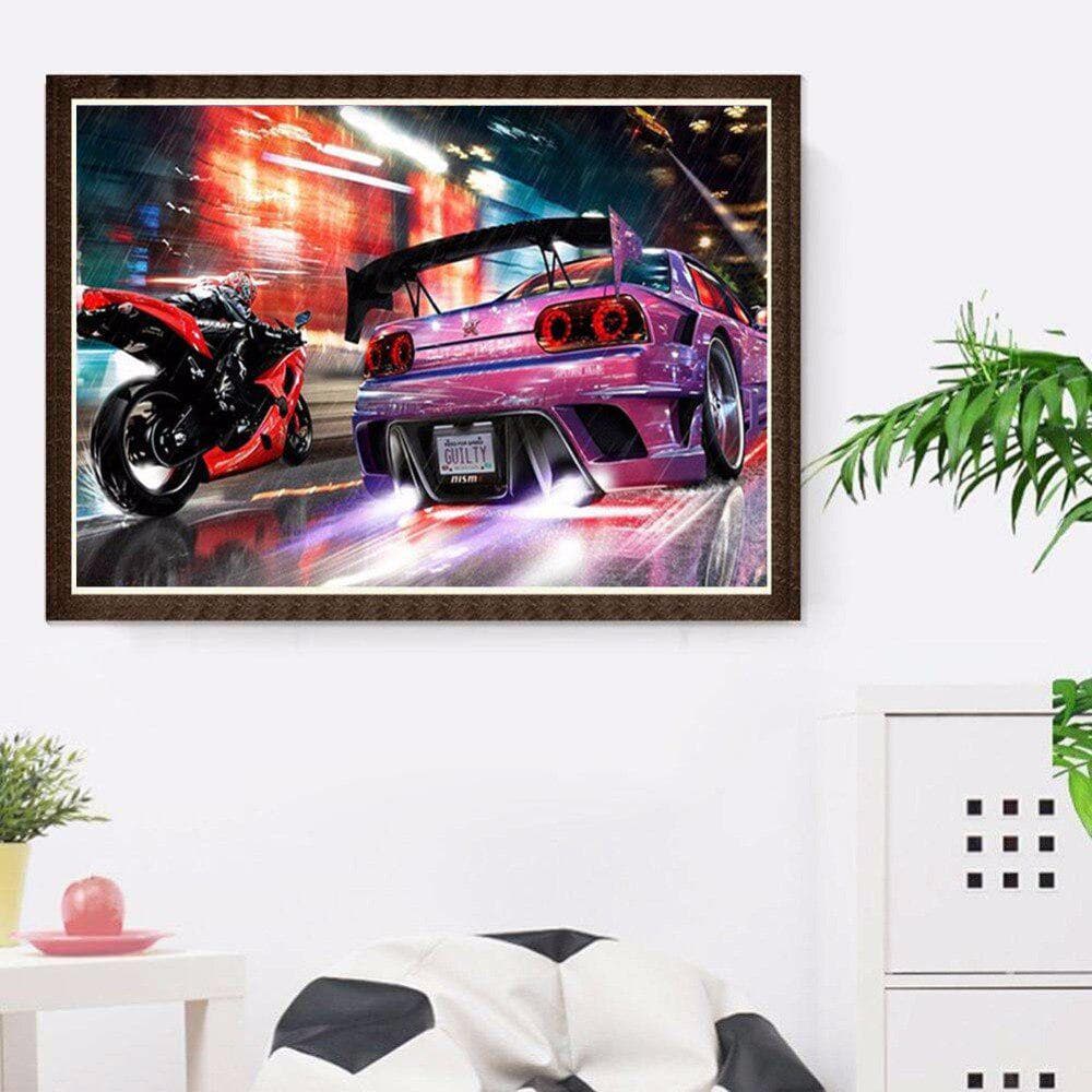 5D DIY Diamond Mosaic Diamond Embroidery Red Motor and Pink Car Embroidered Cross Stitch 20X30CM