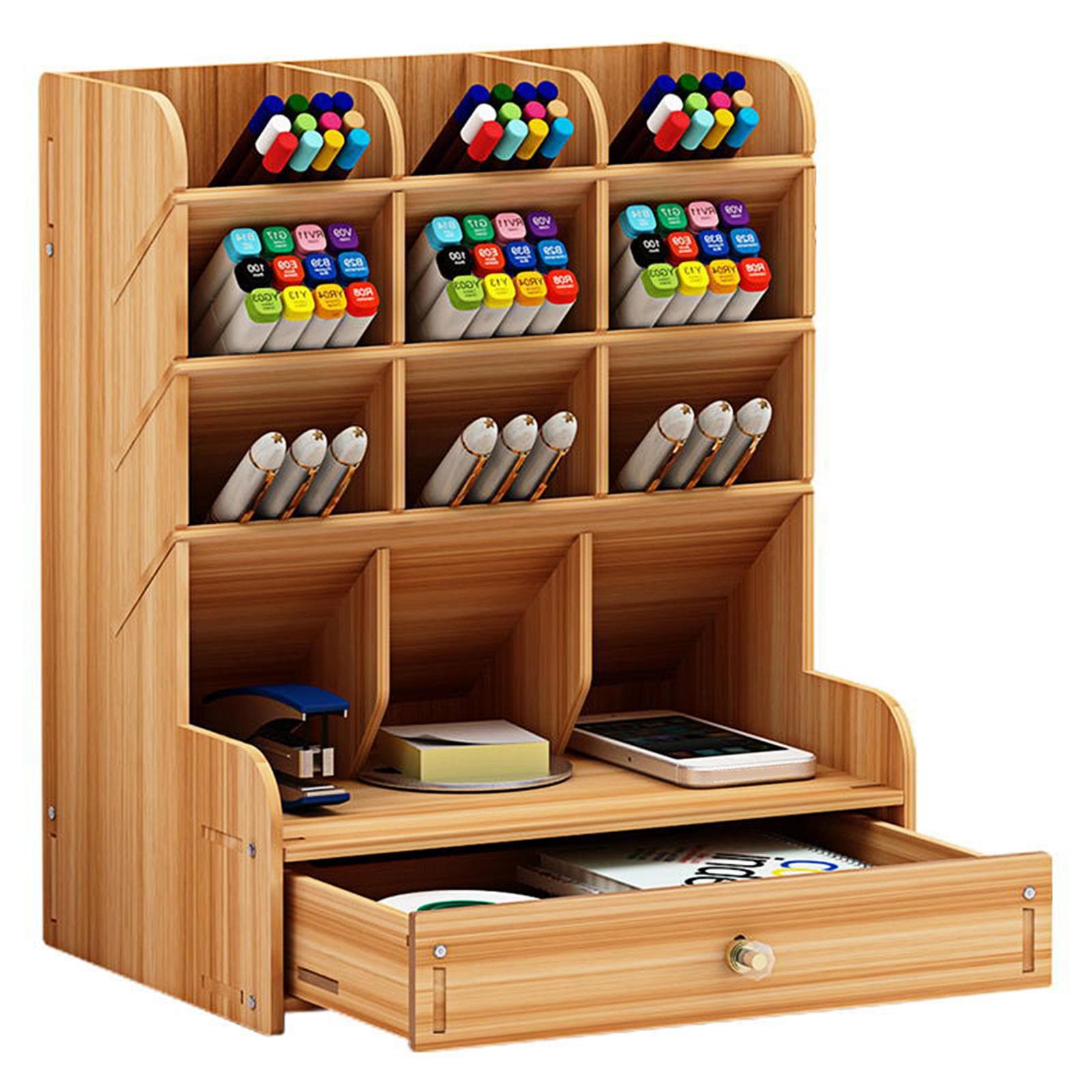 Wooden Desktop Organizer Multi-functional Pen Holder Storage Box Desktop Stationary Storage brown