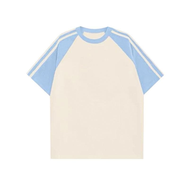 Solid-colorPure Cotton Textured CollaredShoulder Insertion, Contrasting Color Striped Short-sleeved T-shirts for Men and Women L apricot/sky blue