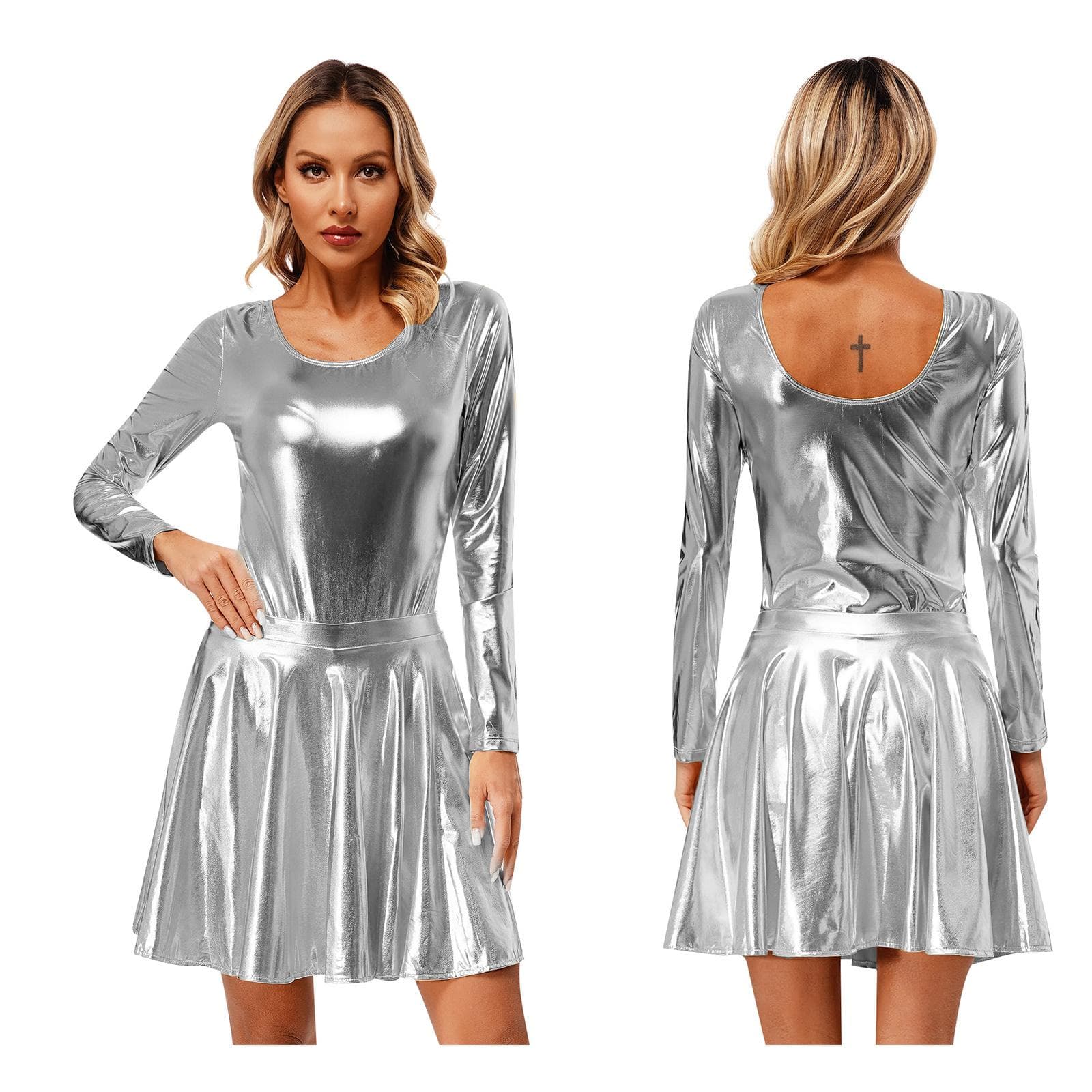Women's Shiny Metallic Gymnastics Leotard and Pleated Skirts Athletic Dancewear S silver