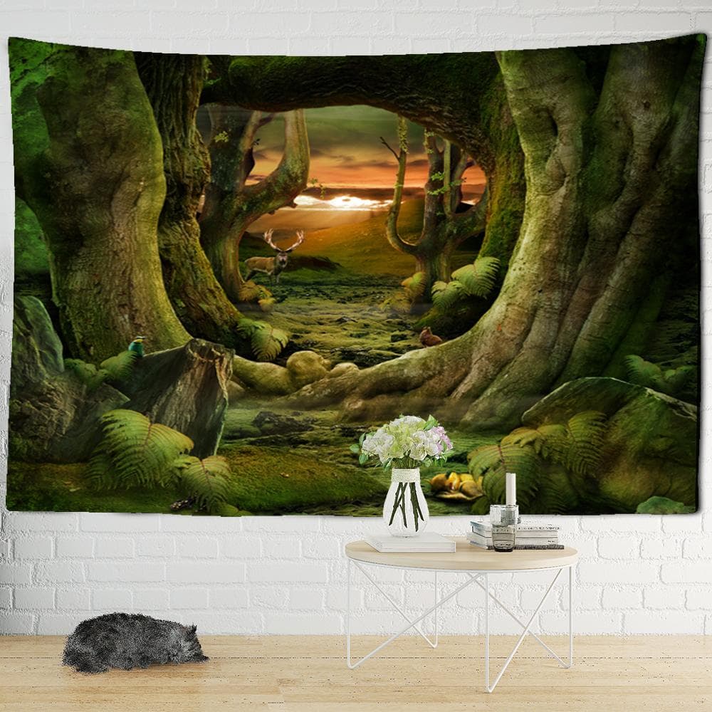 Tree Hole Forest Tapestry Wall Hanging Moon Bohemian Psychedelic Hippie Magic Scene Polyester Printing Home Decor 95x70CM