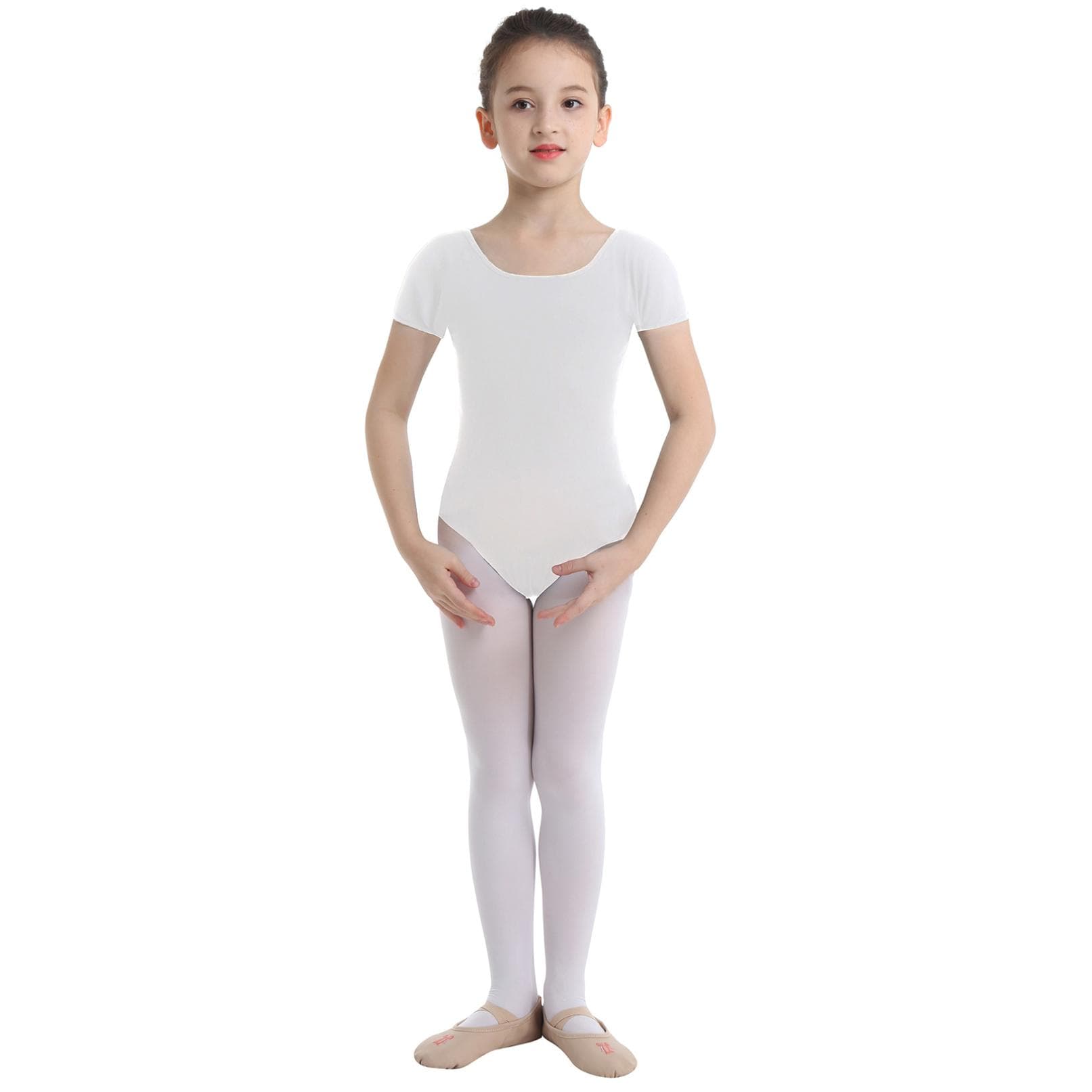 Girls Short Sleeve Ballet Leotard Gymnastics Leotards Kids Bodysuit Jumpsuit Ballerina Dance Leotards 8-10 Years white