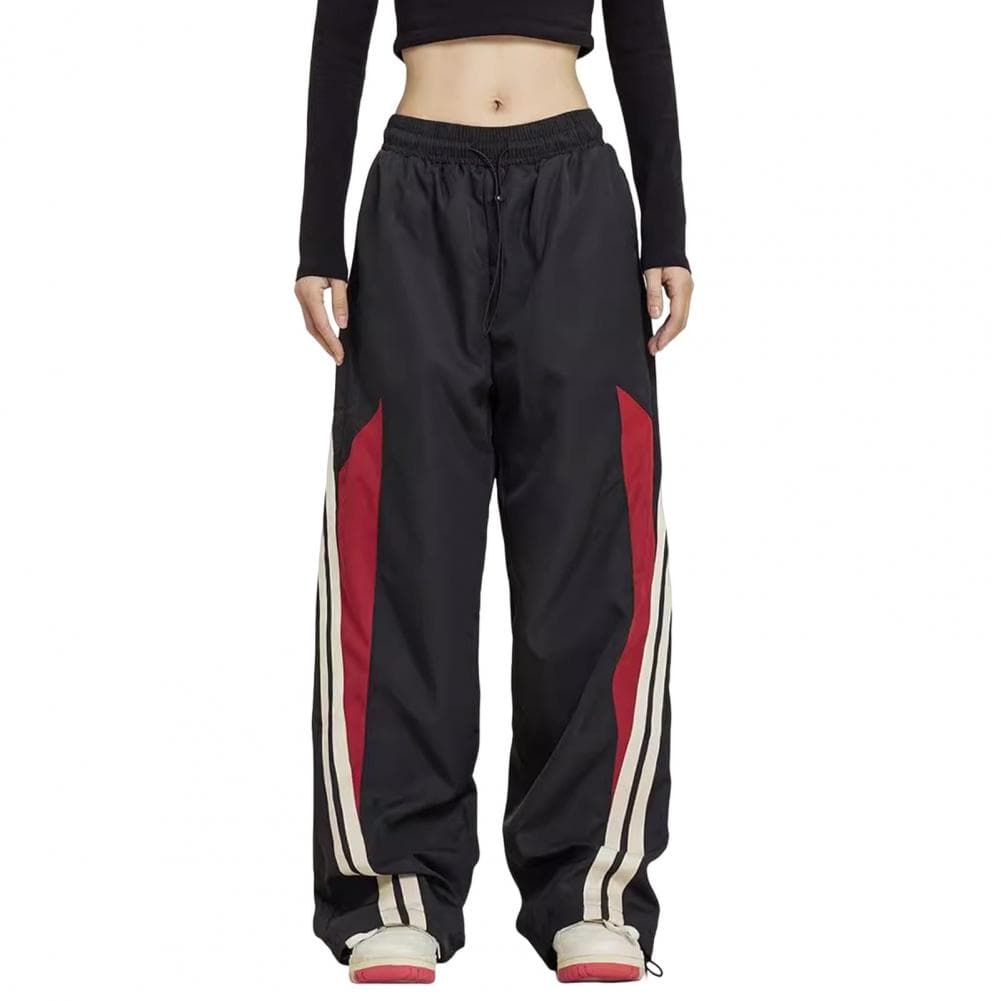 Women Pants Elastic High Waist Adjustable Drawstring Wide-Leg Vertical Stripe Stitching Pants Retro Street Style Sport Trousers XL black