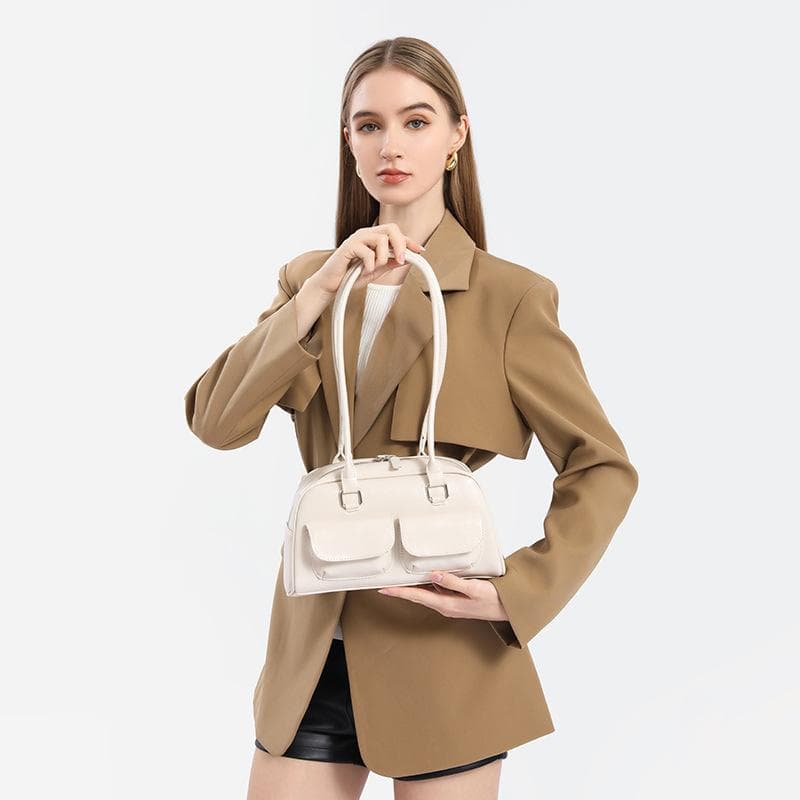 Leather Bowling Bag, Multi-pocket Underarm Bag, Commuter Handbag, Shoulder Bag for Women white