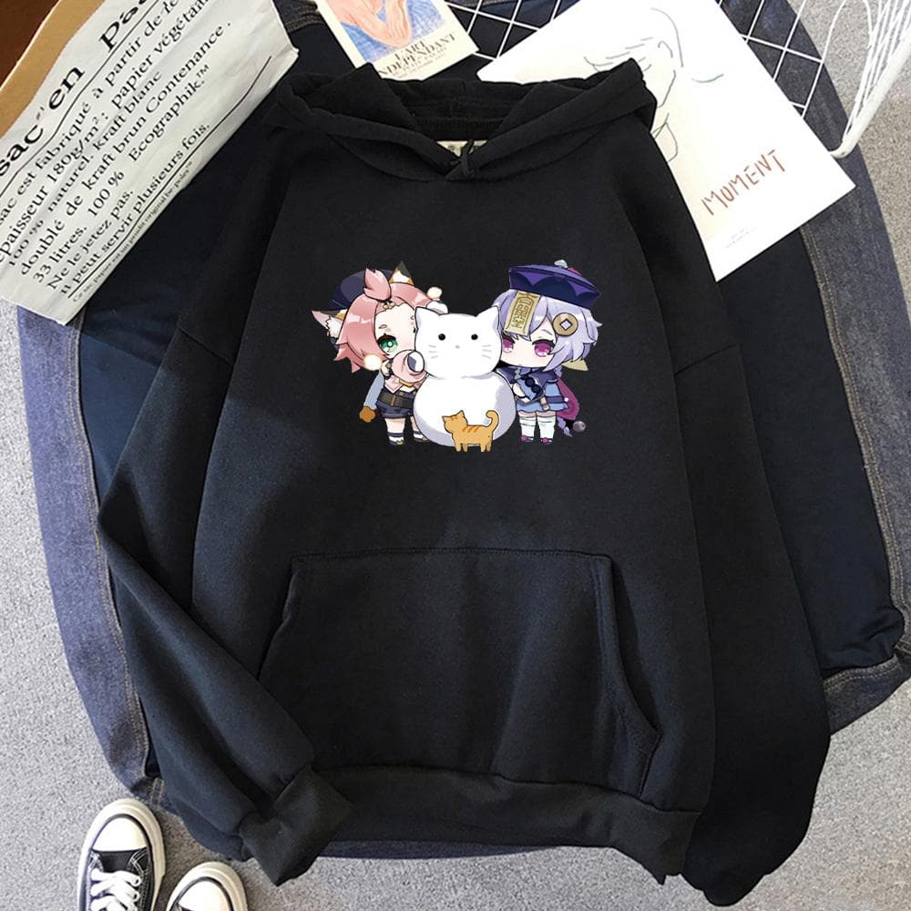 Anime Genshin Impact Diona K ä tzlein Qiqi Pullover Hooded Men's Long Sleeve Casual Loose Top Large Sweatshirt L