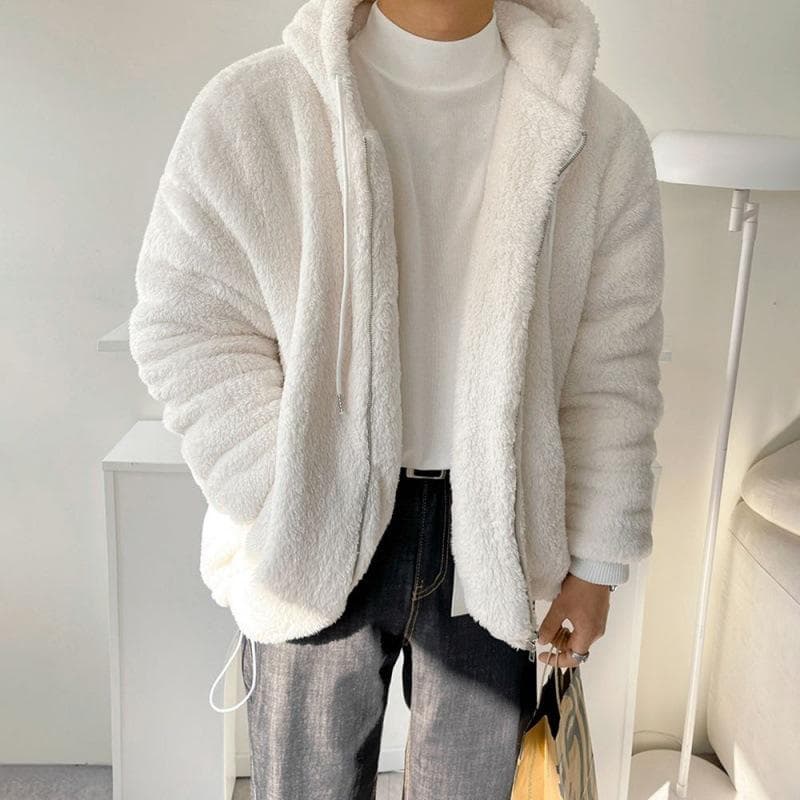 Lazy Lamb Wool Thickened Hooded Sweatshirt for Men Winter Korean Style Loose Cotton Coat and Jacket 2XL white
