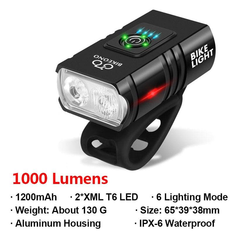 1000LM Bike Light Headlight T6 Bicycle LED USB Rechargeable Torch Aluminum Alloy Cycling Headlight High Beam Low Beam 2*XML T6 LED black