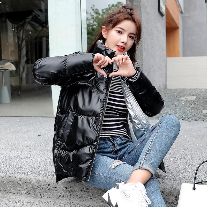 Glossy Down Down Padded Coat Women's Short Winter Clothes Women's Korean Style Bread Coat Stand-up Collar Padded Jacket XXXL black