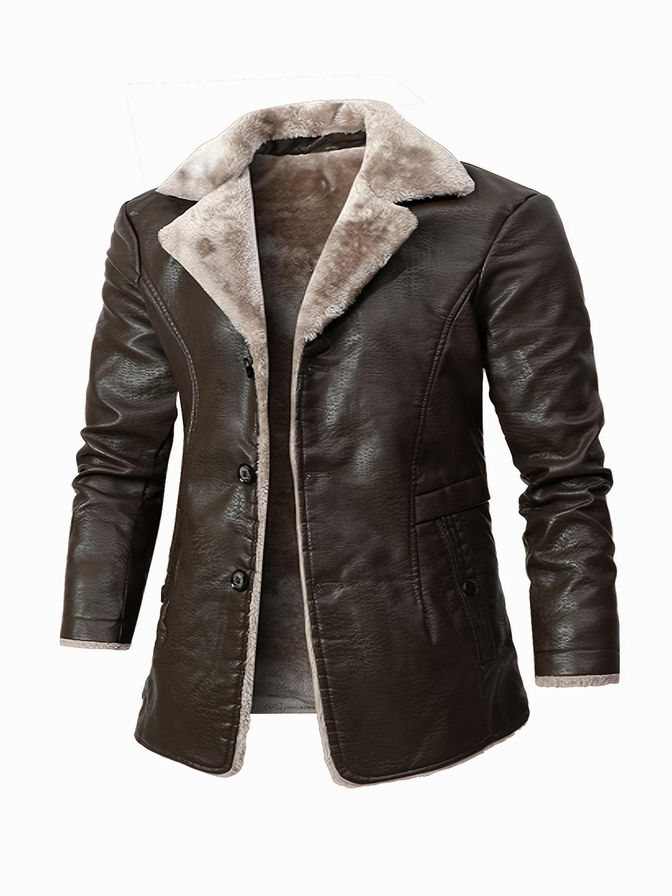 Plus Size Men's Solid PU Leather Jacket - Trendy Casual Cool Handsome Jacket For Big & Tall Males - PU Leather - For Winter XXXXL dark brown