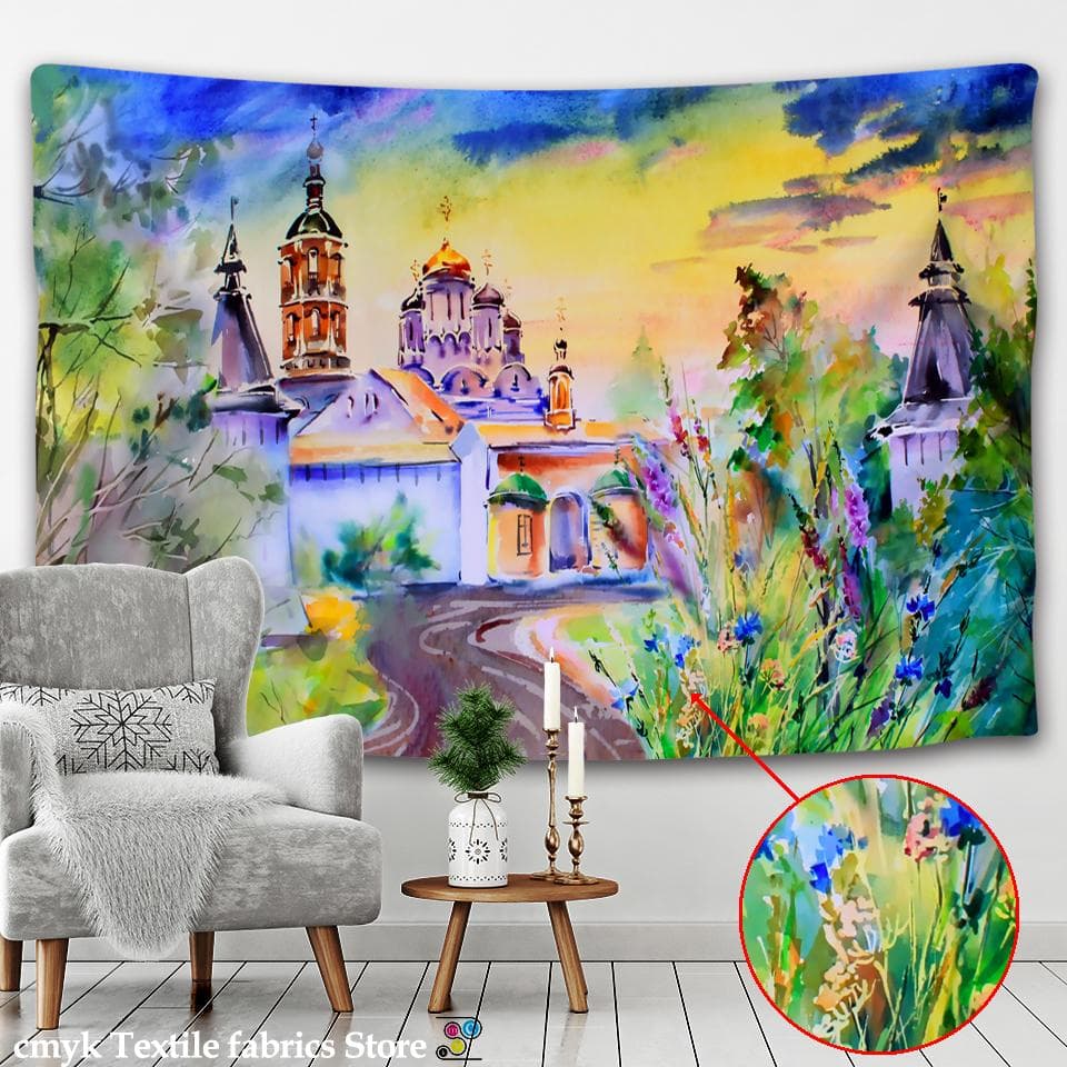 Fairy Tale Castle Tapestry Wall Hanging Cartoon Oil Painting Mural Bohemian Hippie Psychedelic Mattress Home Life Decor 95x70CM