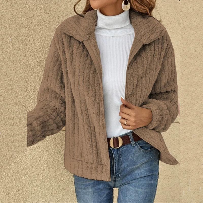 Autumn and Winter Women's Coat Comfortable casual Pit Strip Fluffy Cardigan Lapel Short Coat Women's woolen coat XXL khaki