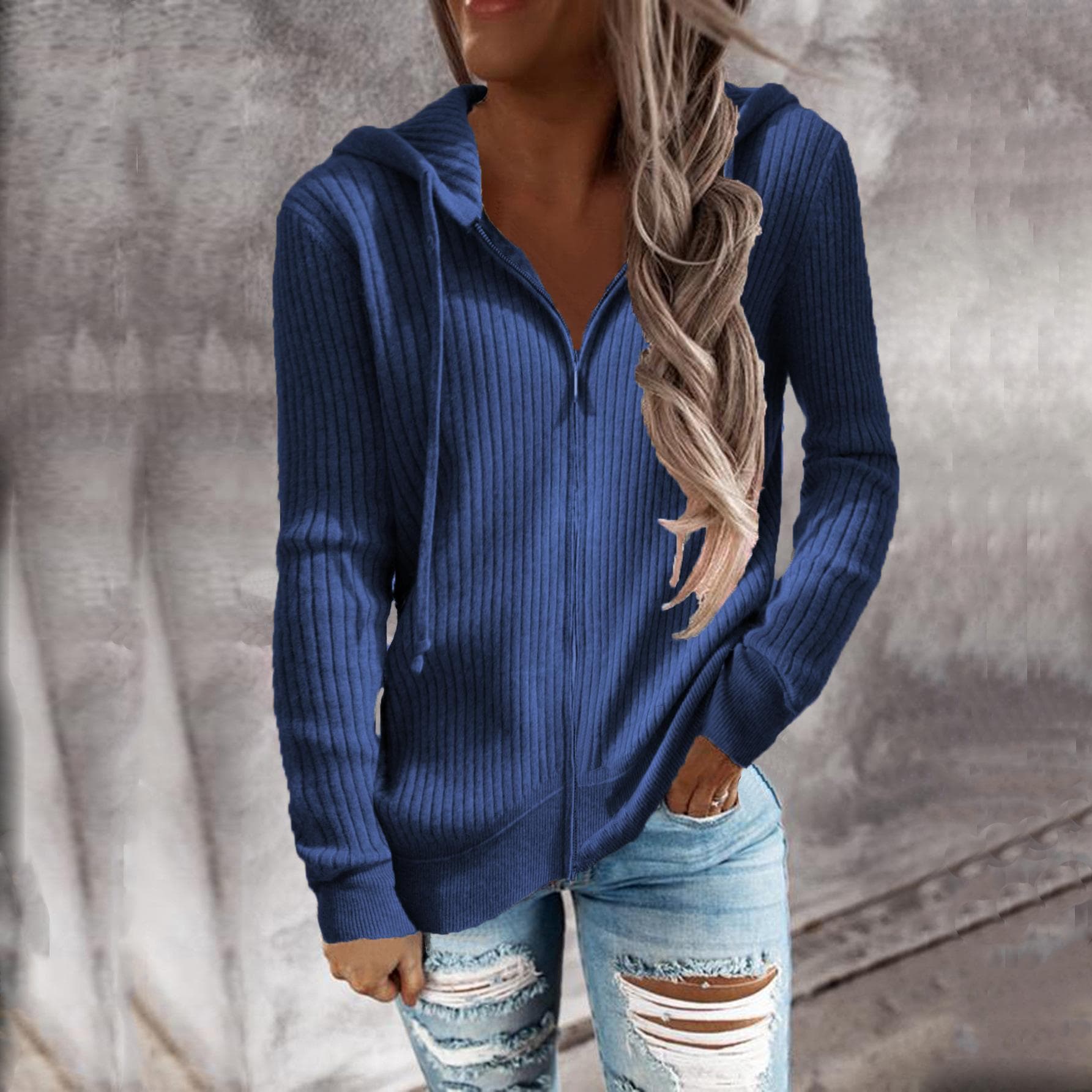 European and American Autumn and Winter Women's Sweater Knitwear Long Sleeve Hooded Women M blue