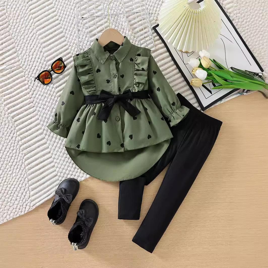 Girls' Fashion Set Summer Children's Casual Long Pants Set 4-5Y army green