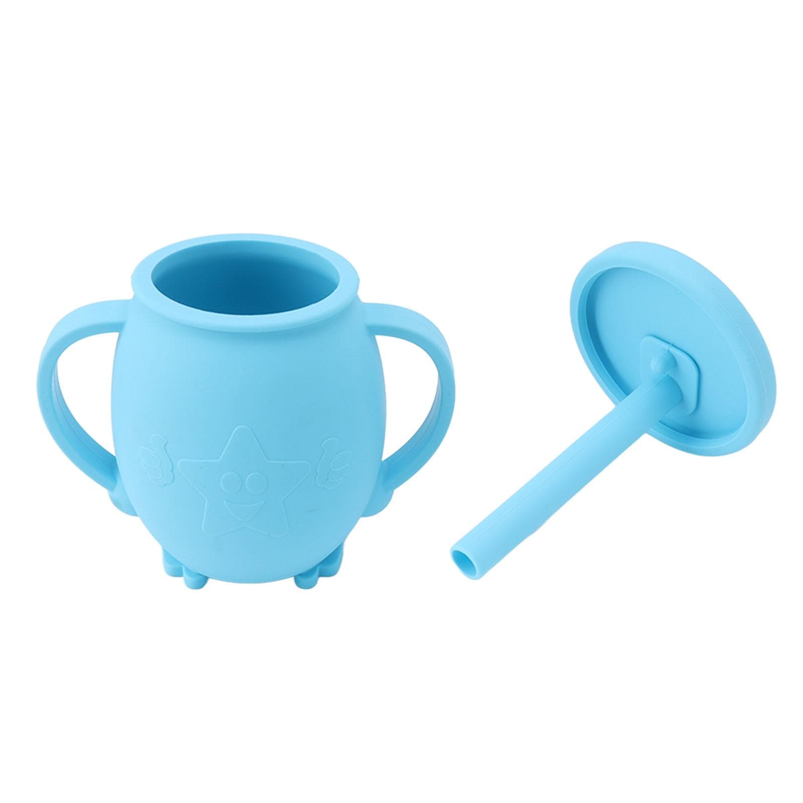230ml Toddler Cups Silicone Training Sippy Cups with Straw Lid Non Slip Handles Spill Proof Trainer L(for 6.5-9kg) blue
