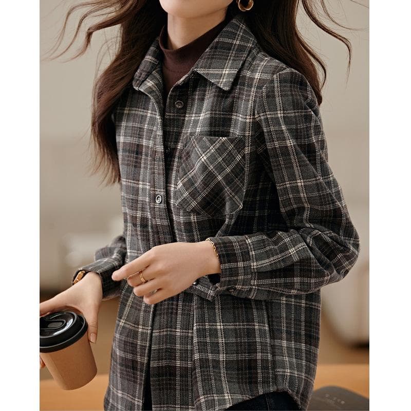 Casual and Fashionable Design Sense Fake Two Contrasting Color Plaid Shirt Winter New Blouse 2XL