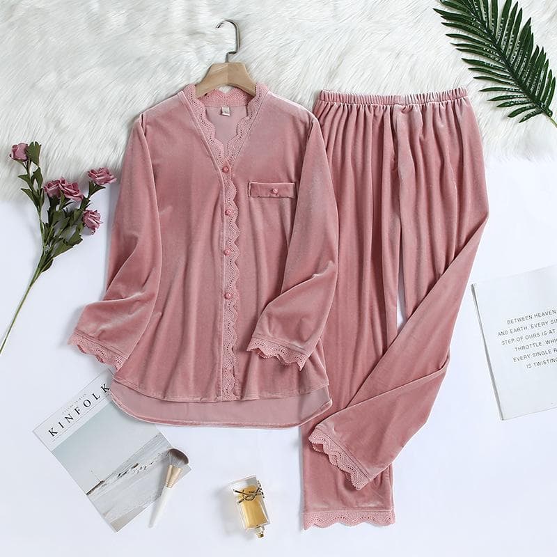 2PCS Velvet Pajamas Set for Women Winter Warm Pyjama Sexy Female Velor V-neck Lace Homewear Autumn New Long Pant Pijamas Suit L pink