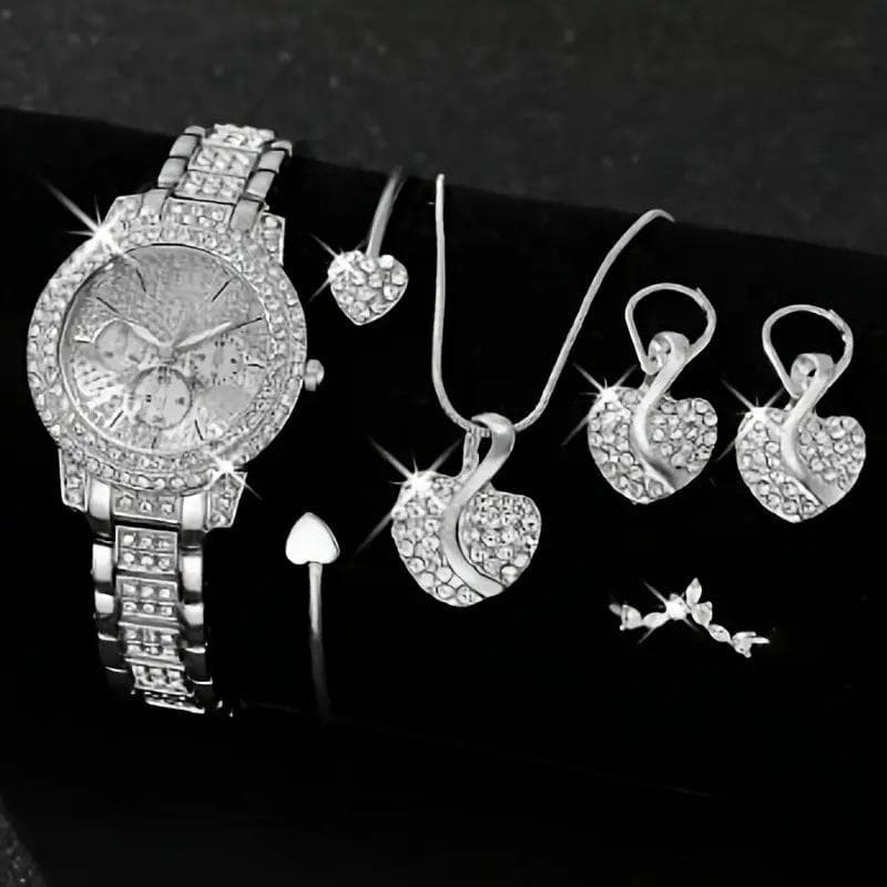 6 Pcs/Set Women's Watches, Luxury Rhinestone Quartz Watch, Roman Fashion Analog Watch and Jewelry Set, Gift for Mom and Her