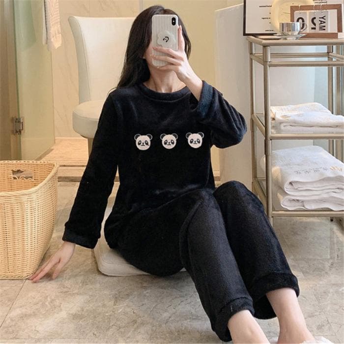 Winter New Warm Pajamas for Wome Thickening Round Neck Long Sleeve Outfits for Women 2 Piece Set Cute Printing Home Wear XXL