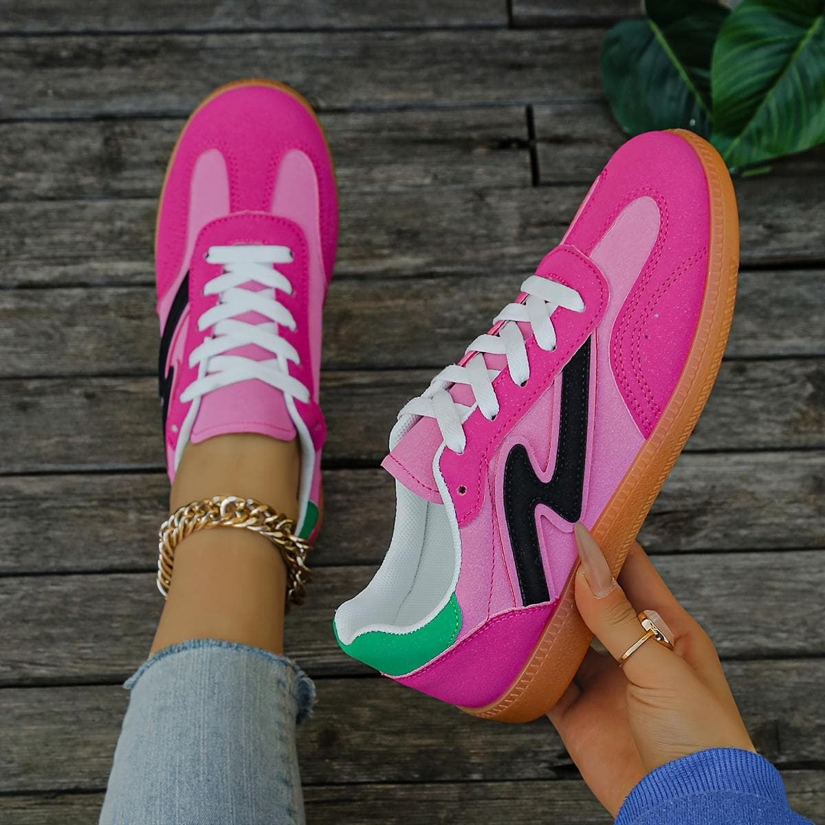 Women's Lightweight Slip-Resistant Casual Sneakers Vibrant Pink & Black Synthetic Cover Low-Top Shoes with TPR Sole, Breathable Fabric Lining 36 rose red