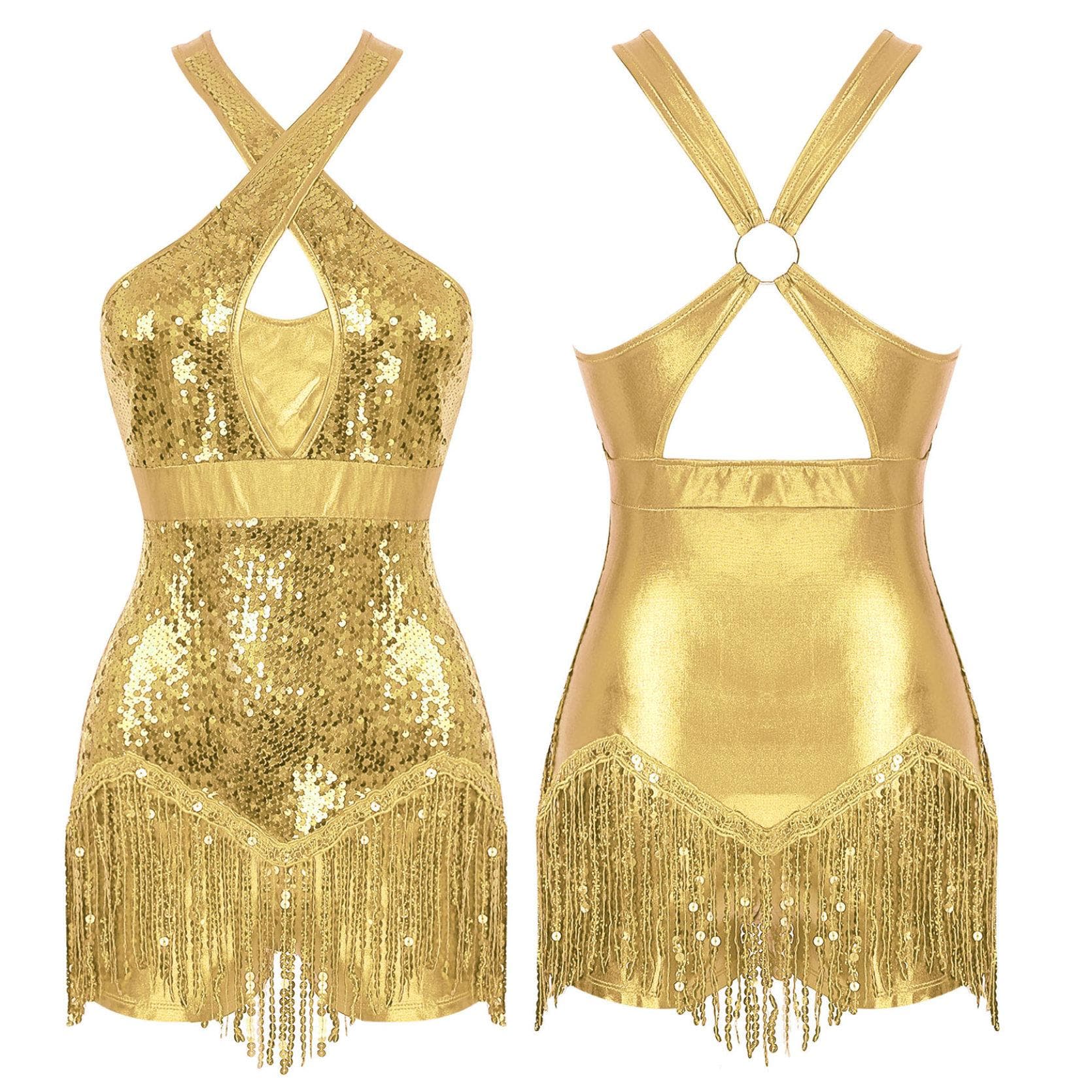 Women's One Piece Tassels Shiny Sequins Ballroom Latin Dance Leotard Flowy Fringe Bodysuit Dancewear L gold