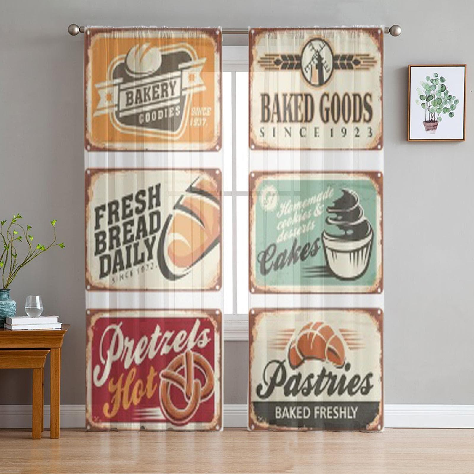 Collection Of Vintage Bakery Signs Tulle Sheer Curtains for Living Room Bedroom Kitchen Decoration Voile Organza Curtains 135W x 114H(cm)