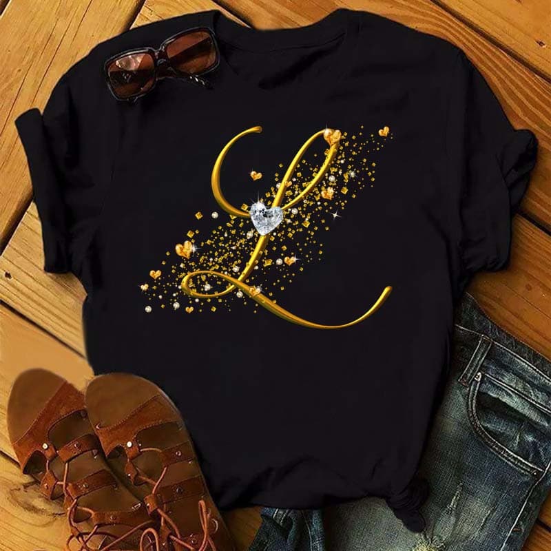Custom Name Letter 3D Printe Women T-shirt Diamond Gold Letter Font A B C D E F G Black T-shirt 4XL