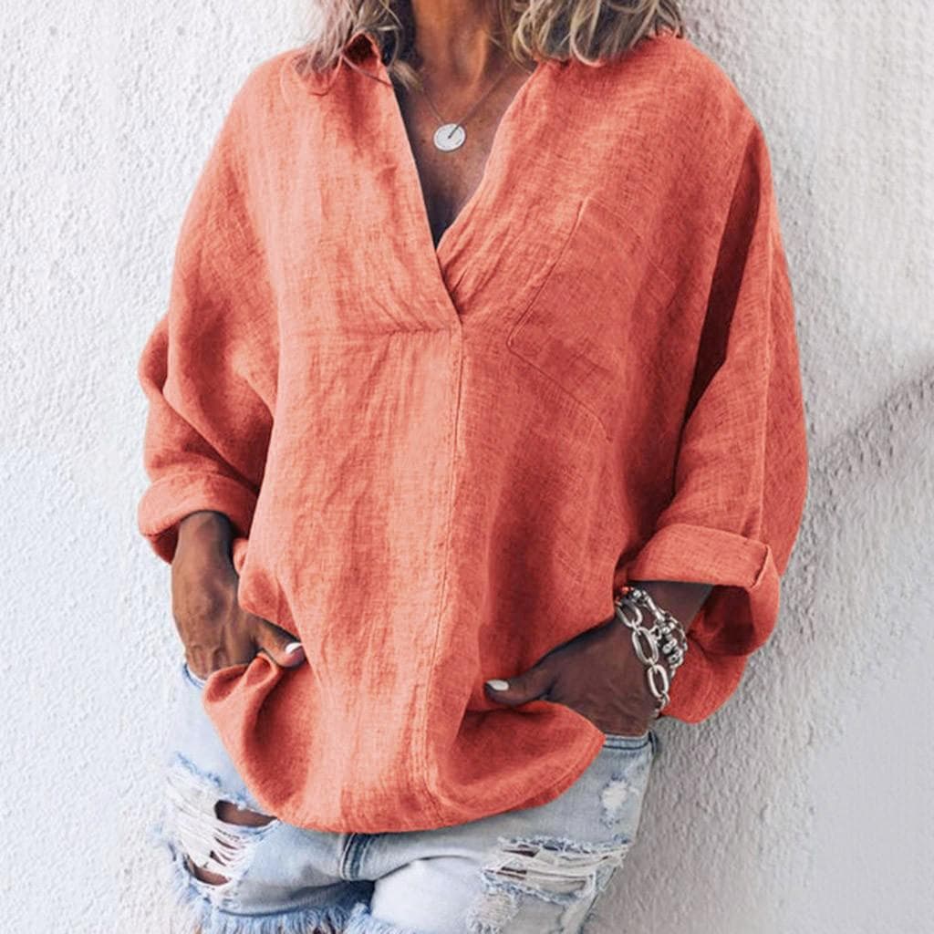 Boho Womens Long Sleeve Cotton Linen Kaftan Ladies Baggy Blouse Tee Shirt Tops S orange