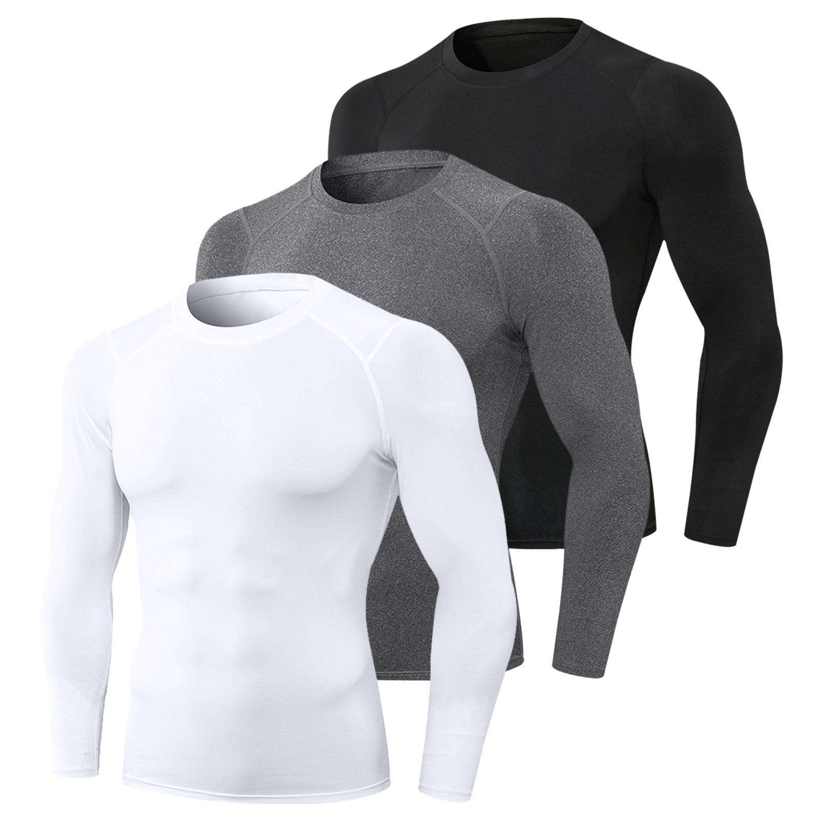 3pcs Men s Athletic Long Sleeve Compression Shirts Quick Dry Workout T-Shirt Running Tops XL black/white