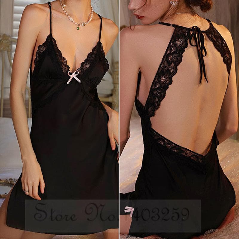 Female Nighty Robe Set Sleepwear SEXY Lace Backless Lingerie Nightgown Summer LoungeWear Loose Satin Bathrobe Gown Home Dress XL