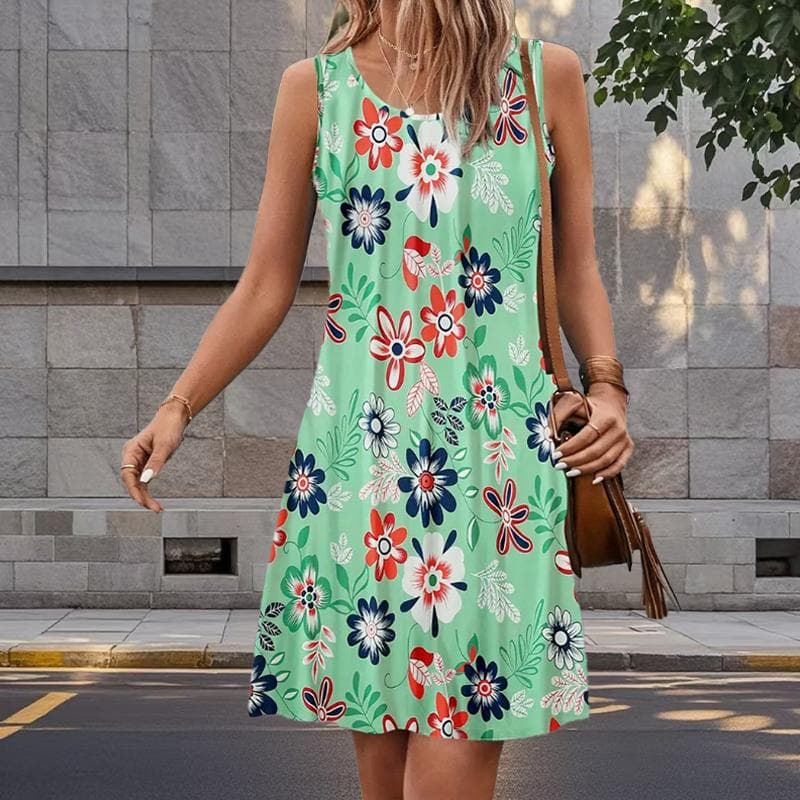 Women's Rose Flower Fake Two-piece Flower Graffiti Printed Sleeveless Round Neck Dress Loose Soft and Comfortable Plus Size Dress 8XL green