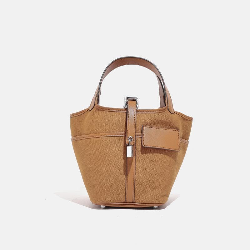 Niche Design Wax Thread Basket Canvas Stitching Plain Pocket Bag Hand Carrying Women's Bag Bucket Bag brown