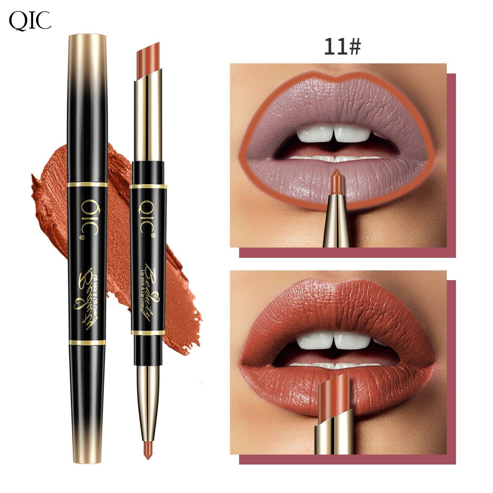 QIC Double-ended Lipstick Pen, Waterproof, Long-lasting, Color-producing Two-in-one Slim Tube Lipstick Lip Liner 11