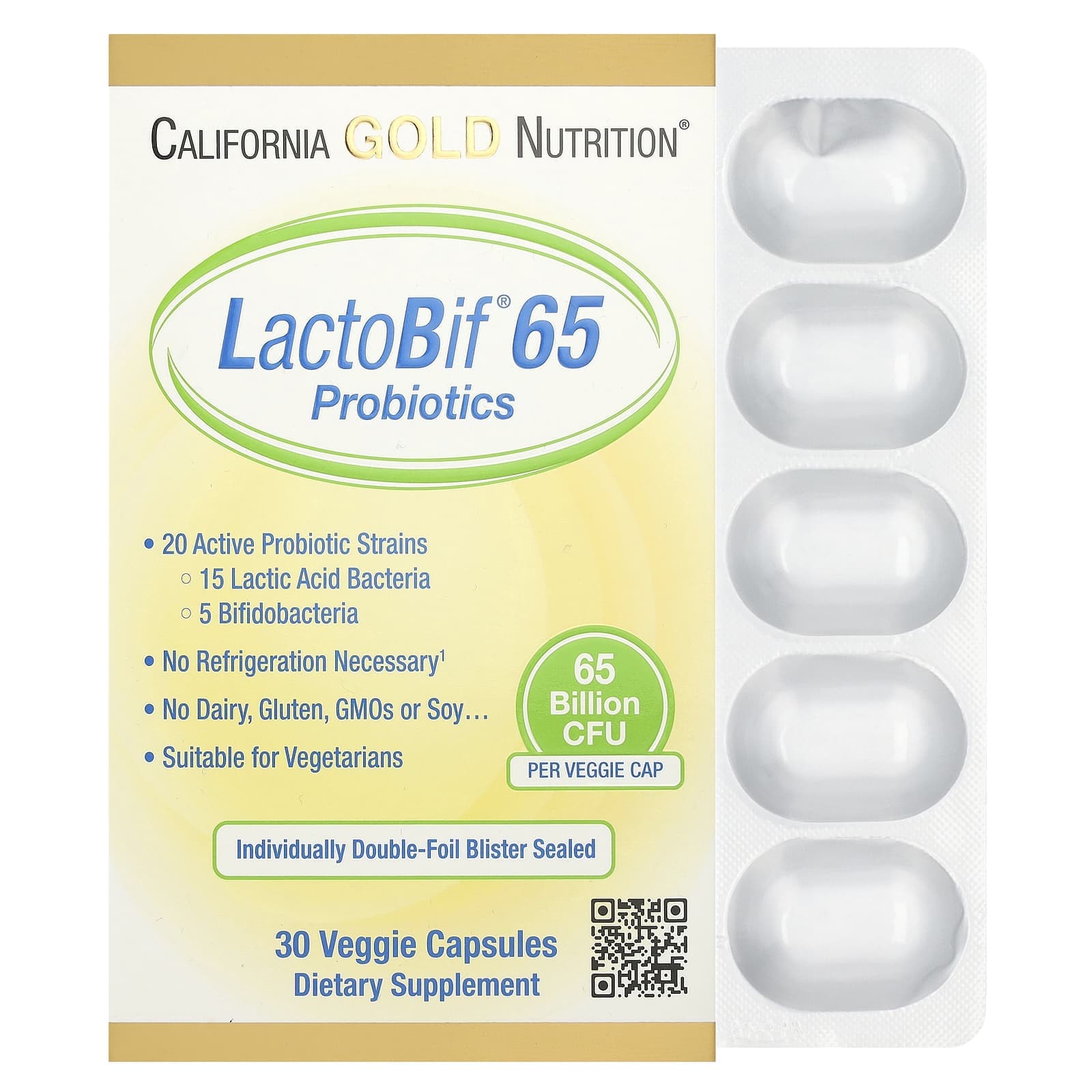 California Gold Nutrition, LactoBif 65 Probiotic, 65 Billion CFU, 30 Veggie Capsules