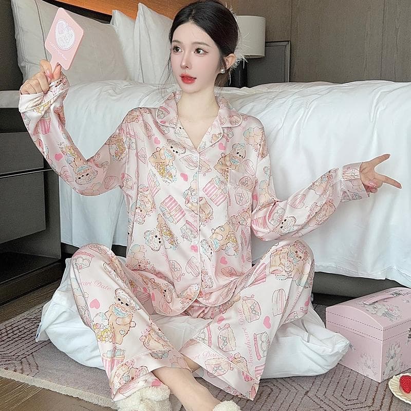 Pajamas Women's Silk Long-sleeved Pajamas Pajamas Suit Flower Printed High-grade Ice Silk Can Be Worn Outside Home Wear Pajamas XXL