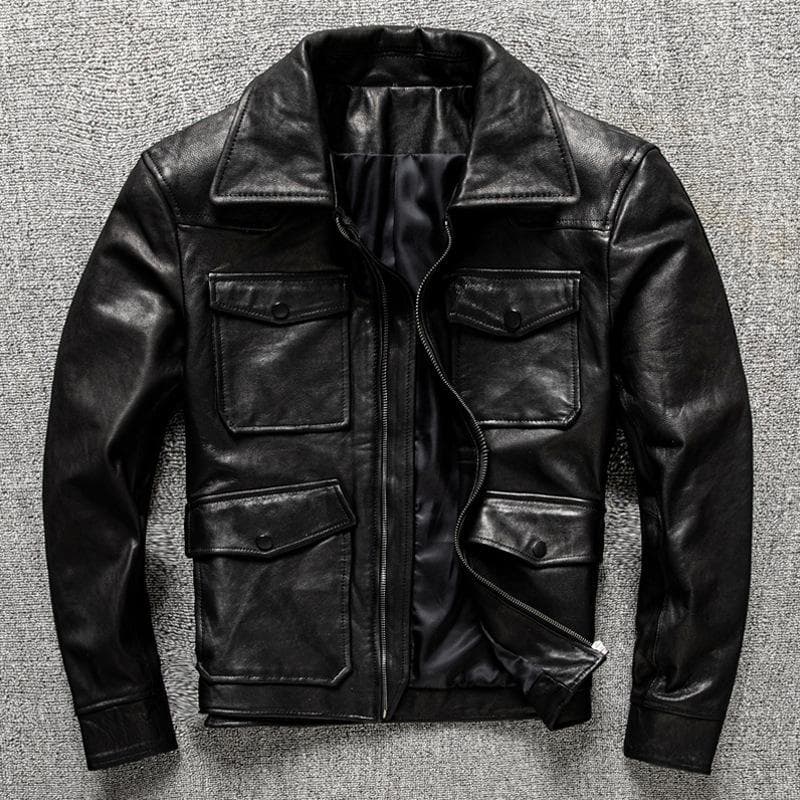 Casual Men's Head Layer Sheepskin Jacket Leather Leather Slim-fit Leather Jacket Red Ray Star with Autumn and Winter Coat Tide L