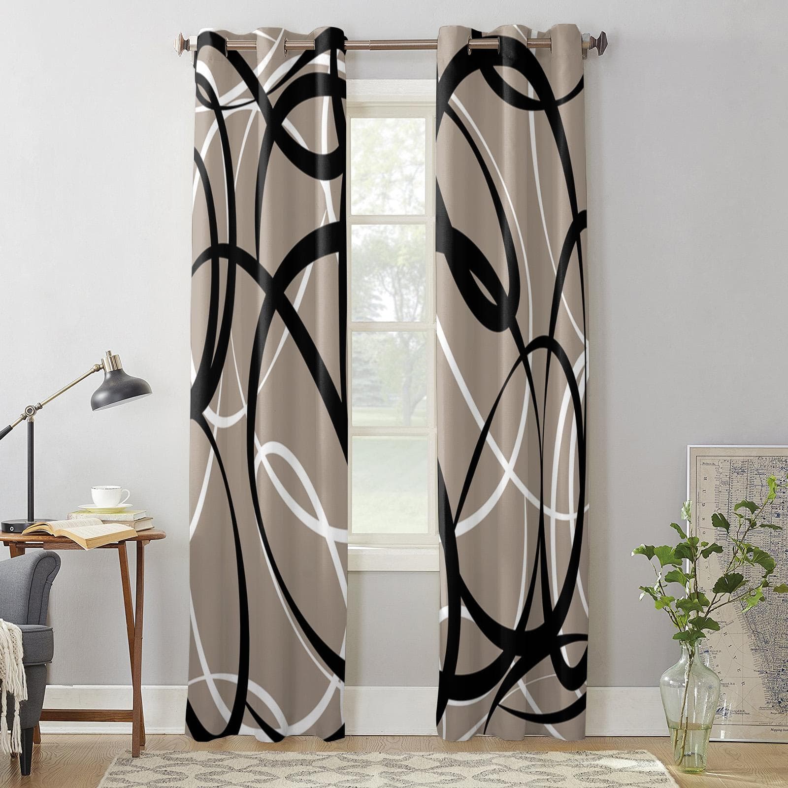 Geometric Curve Black And White Texture Curtains for Bedroom Living Room Window Curtain Treatments Blinds Kitchen Decor Drapes 135W x 60H(cm) x1