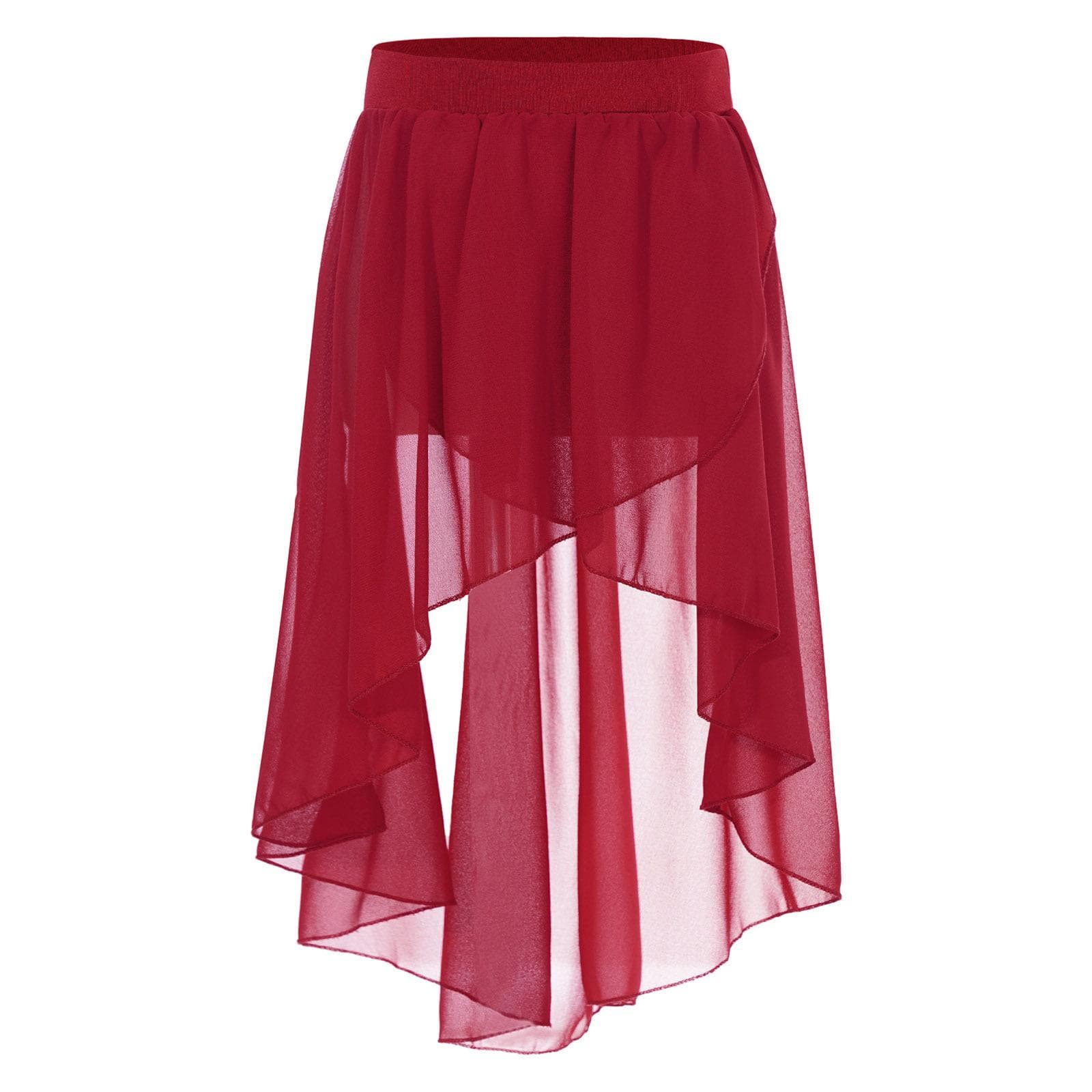 Kids Girls High-Low Chiffon Skirt Ballroom Latin Salsa Tango Dance Skirt Skate Wrap Scarf Dancewear 15-16 Years burgundy