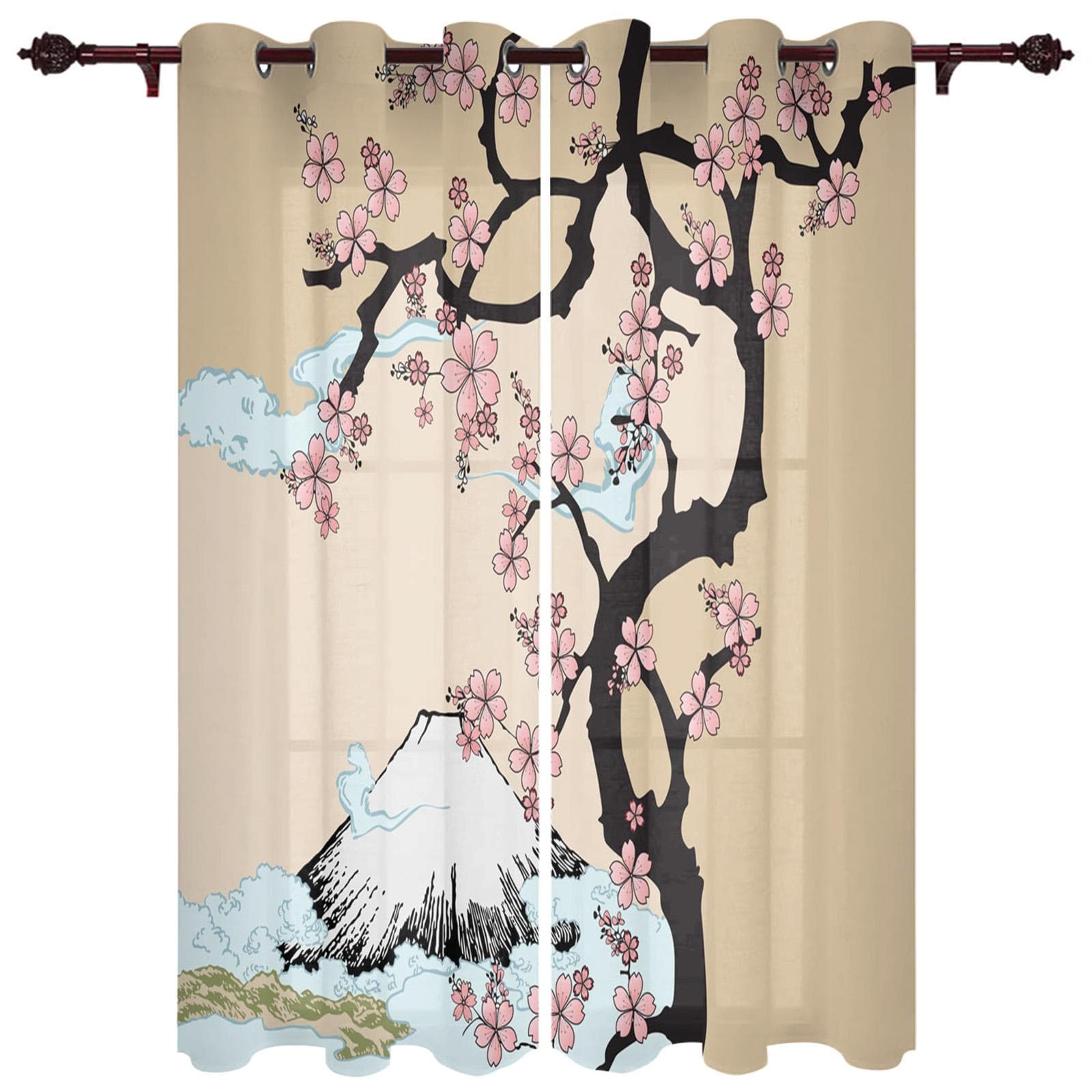 Japanese Style Sakura Modern Window Curtains for Living Room Bedroom Curtain Kitchen Treatment Blinds Drapes 135W x 230H(cm) x2