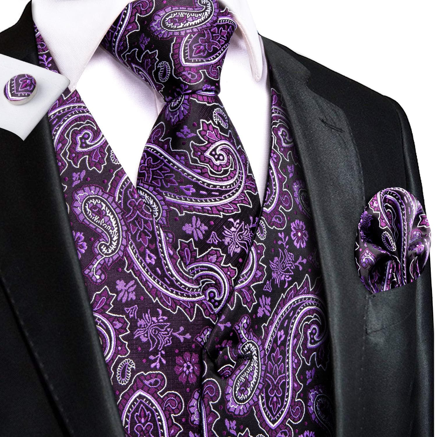 Hi-Tie Mens Waistcoat Silk Paisley Floral Tie Handkerchief Cufflinks SET Formal M