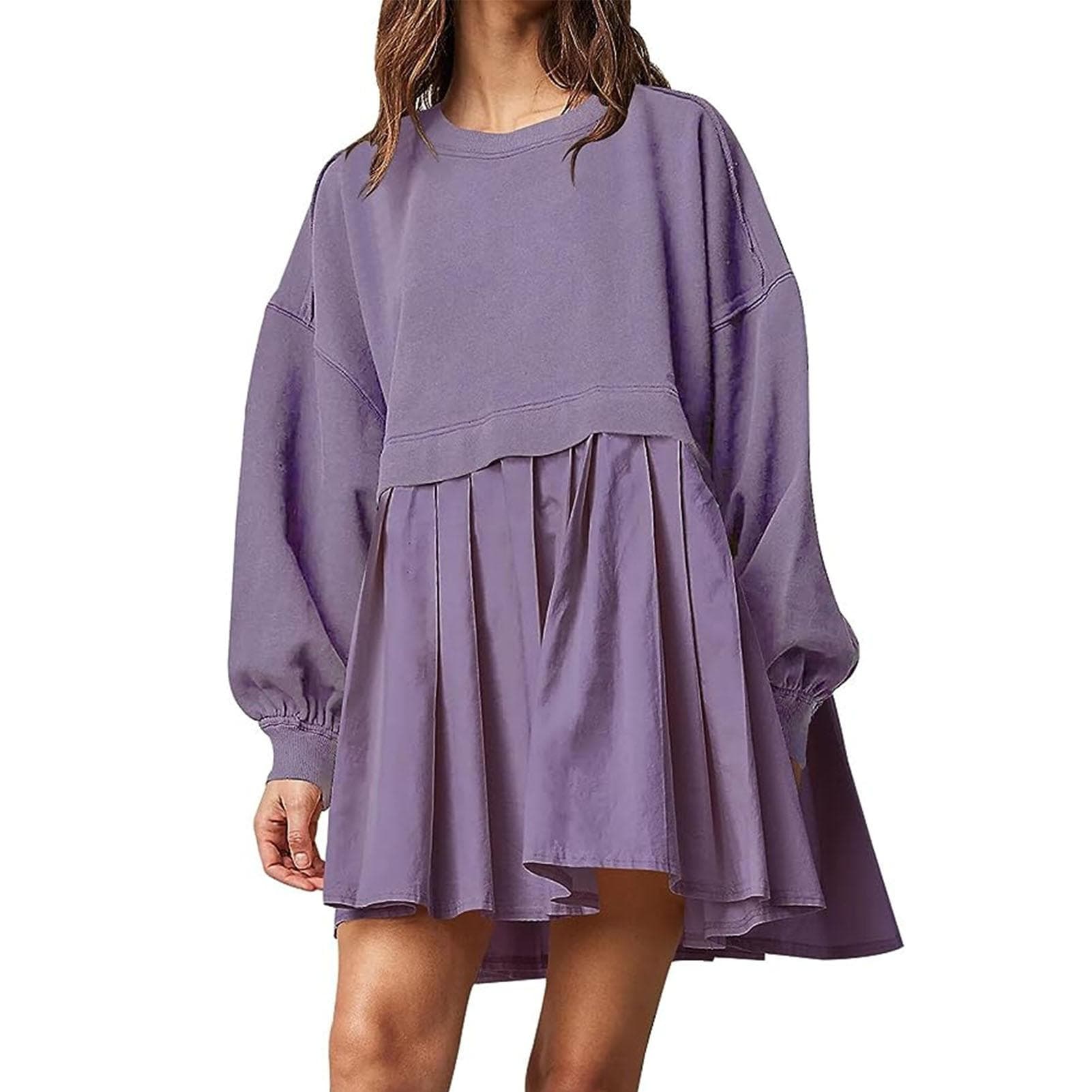 Women Sweatshirt Dress Long Sleeve Color Contrast Loose Fitting Pullover Top Pleated Dress Purple S S(for 2-4kg) purple