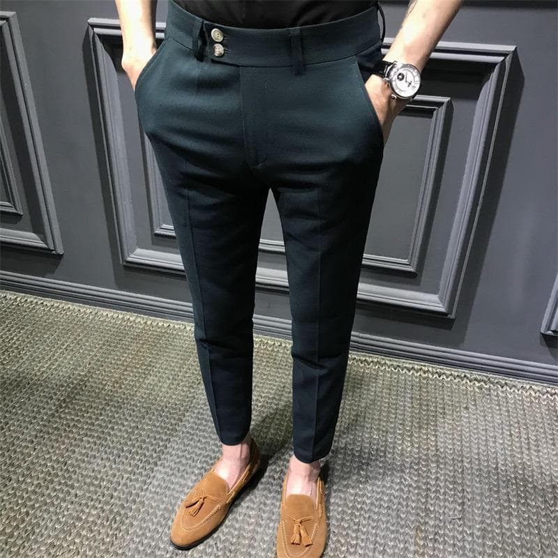Men's Slim-Fit Nine-Point Korean Style Suit Trousers - White & Casual 31 green