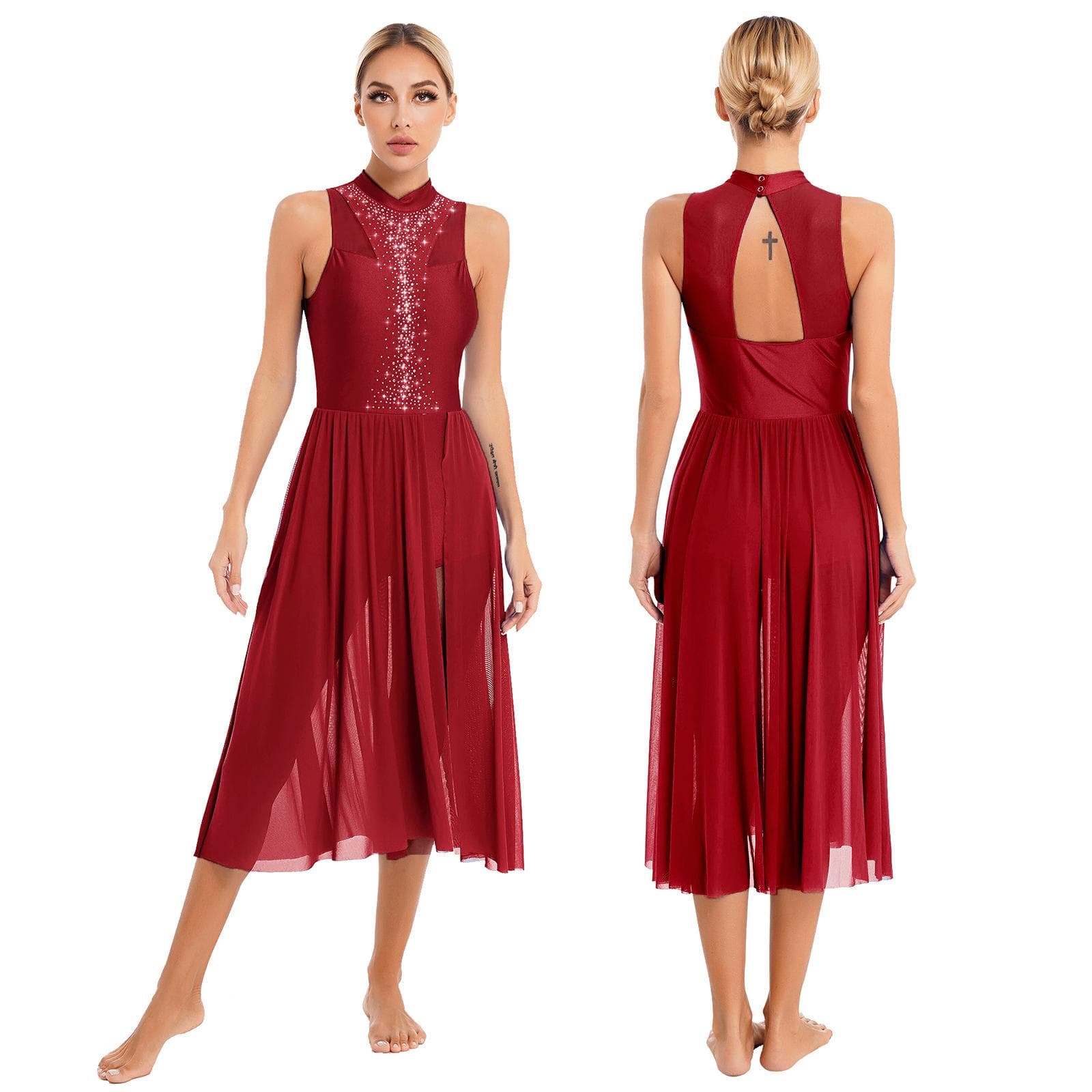 Women Lyrical Dance Costume Contemporary Dance Leotard Dress Dancewear Performance Costume XXL burgundy