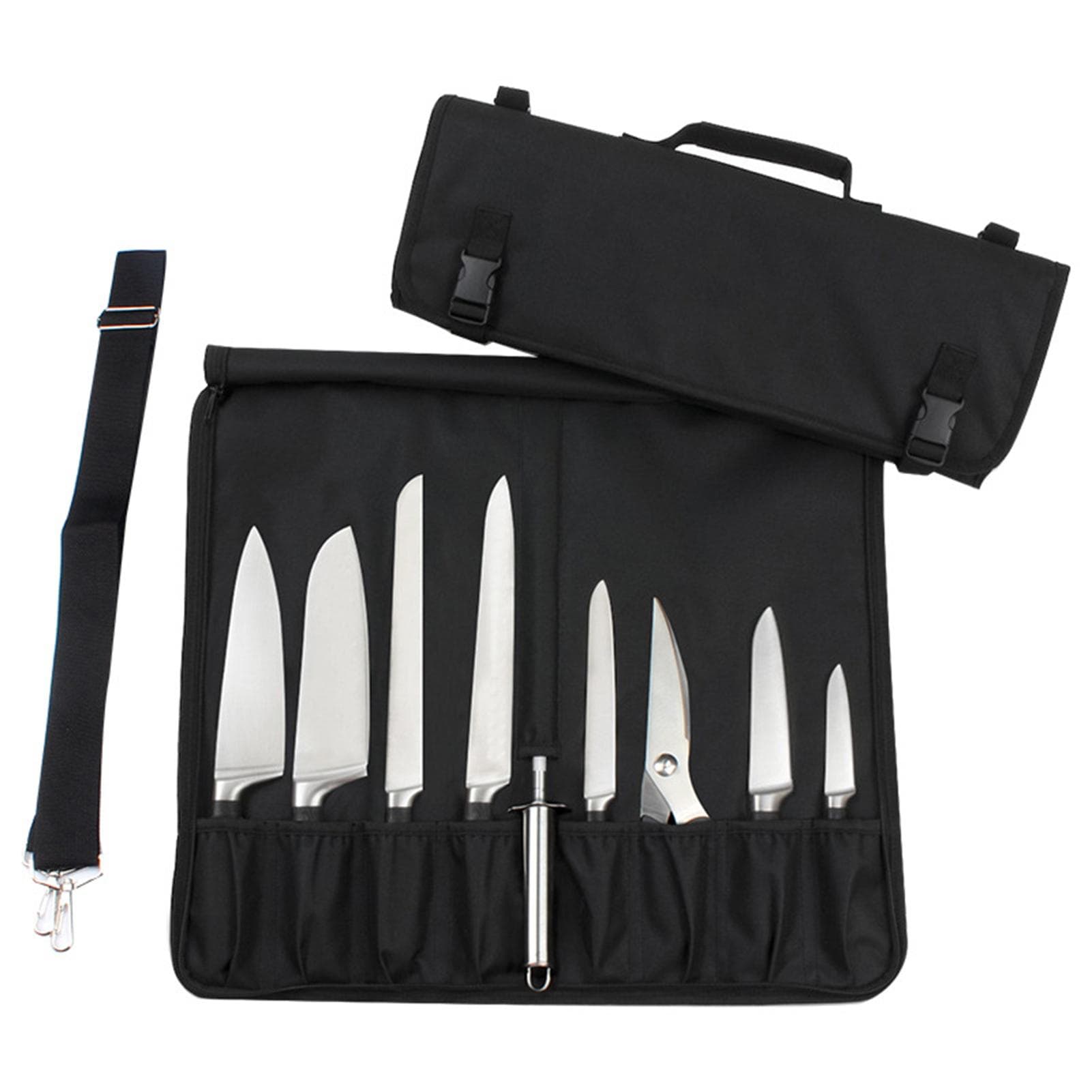 Knife Case, Chef s Knife Roll Bag with Durable Shoulder Strap and Handle, Portable Knife Bag Meat black