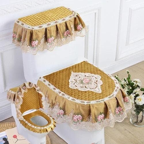 Four Seasons Lace Toilet Cushion Three Piece Flannel Printing Toilet Seat Set with U-shaped Zipper Beauty Toilet Dust Cover