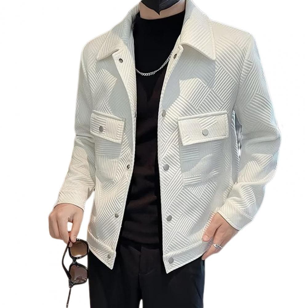 Men Jacket Lapel Long Sleeve Flap Pockets Single Breasted Jacket Coat Solid Color Striped Jacquard Pattern Outwear M white