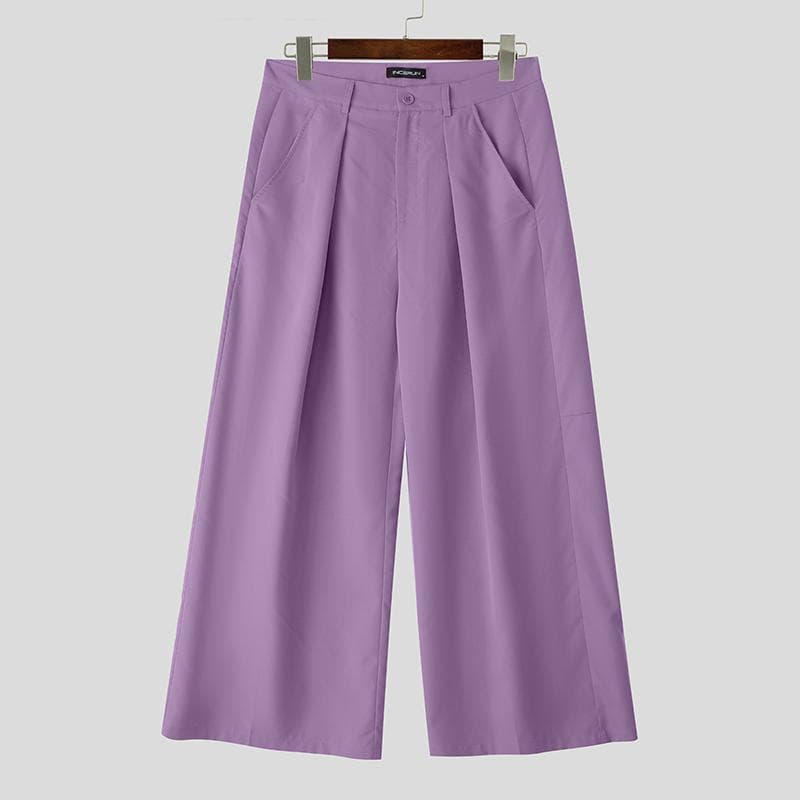 INCERUN Men Zip-up High Waist Solid Color Pockets Casual Loose Long Trousers 4XL purple